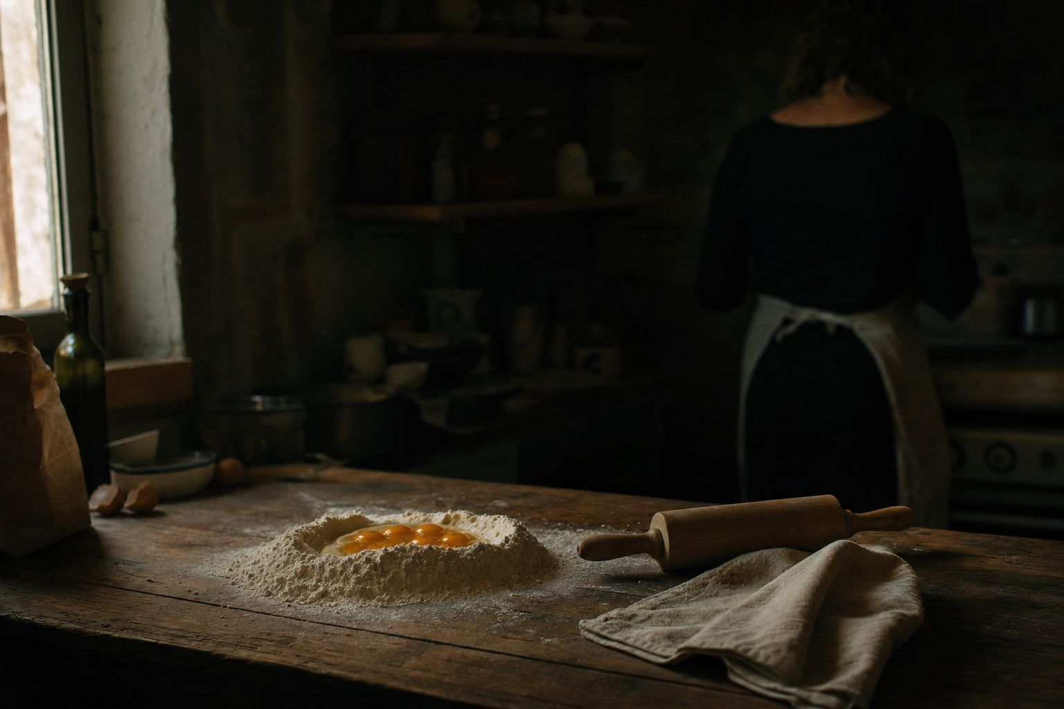 Flour and eggs on a wooden bench in morning light