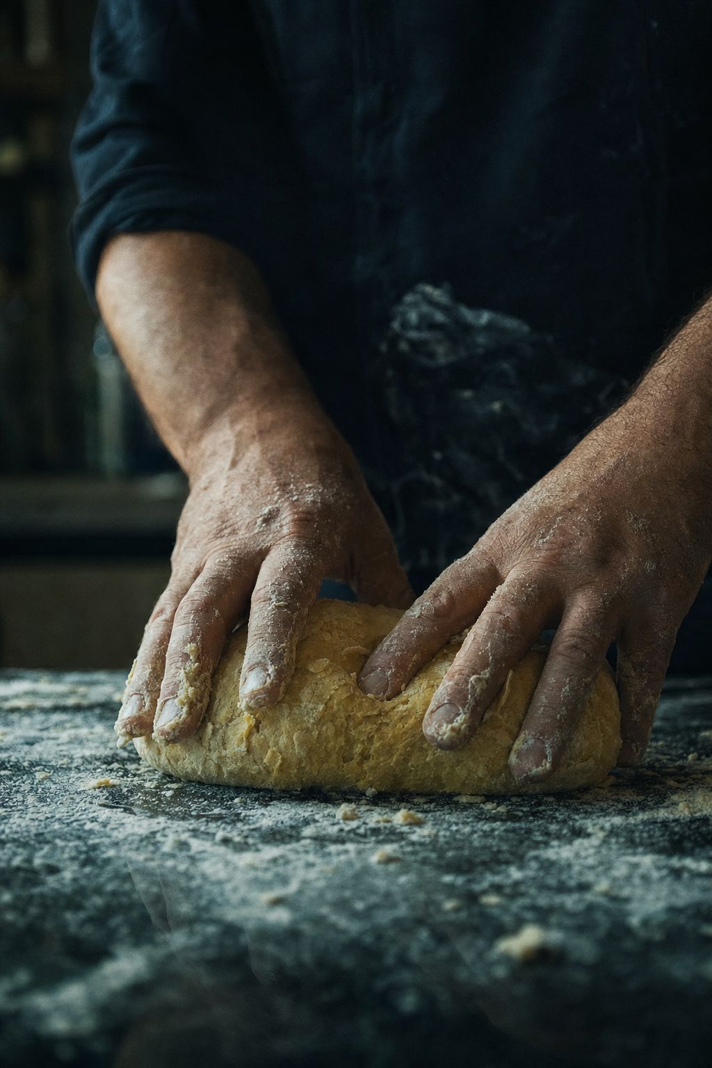 Floured hands kneading dough