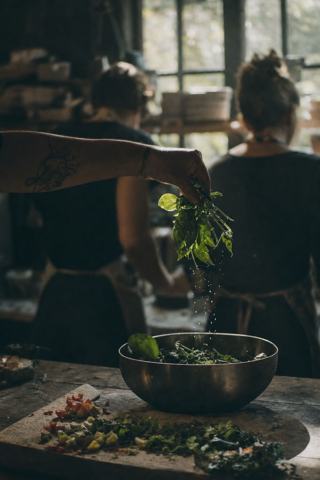 Fresh greens lifted over a bowl in window light