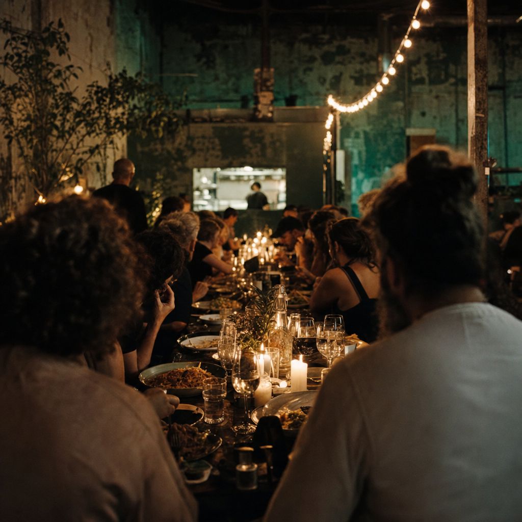 A long candlelit table in a dim dining room during service